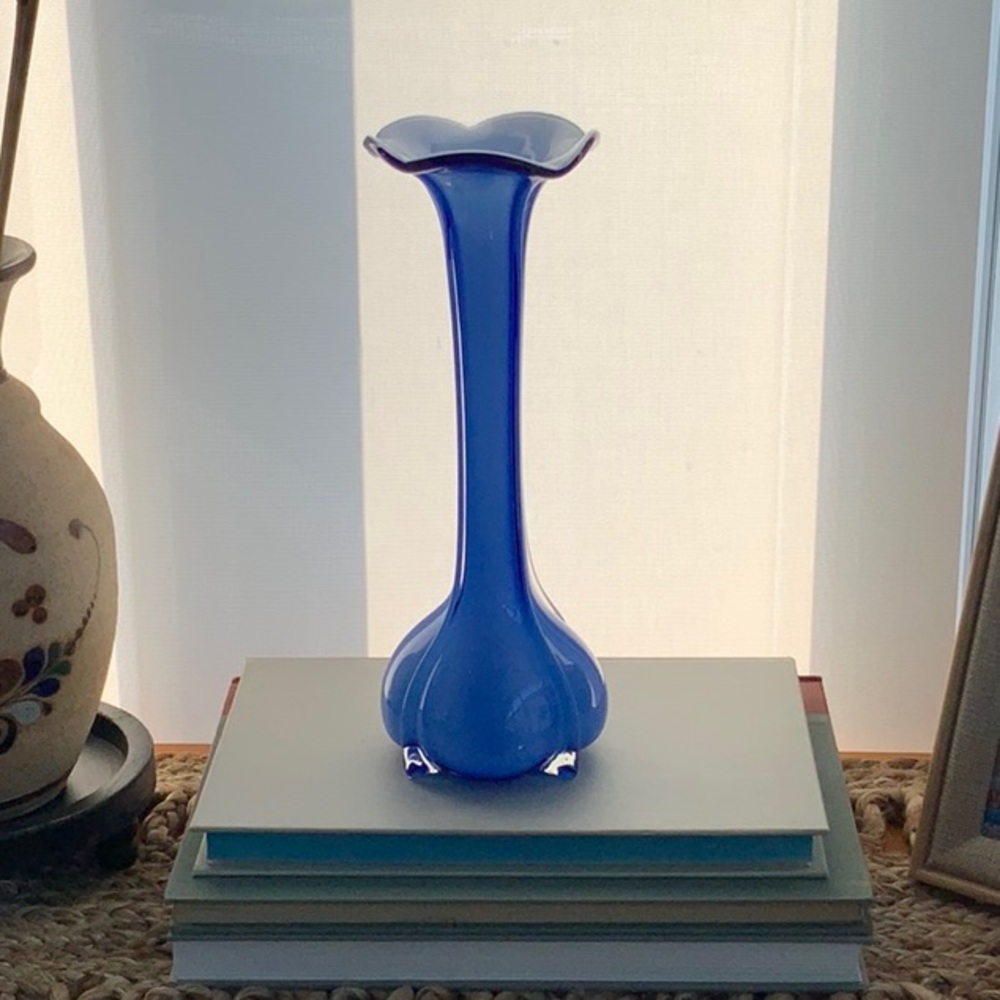 Vintage Blue Opaline Glass Bud Vase Ruffle Milk Glass Top Swirl